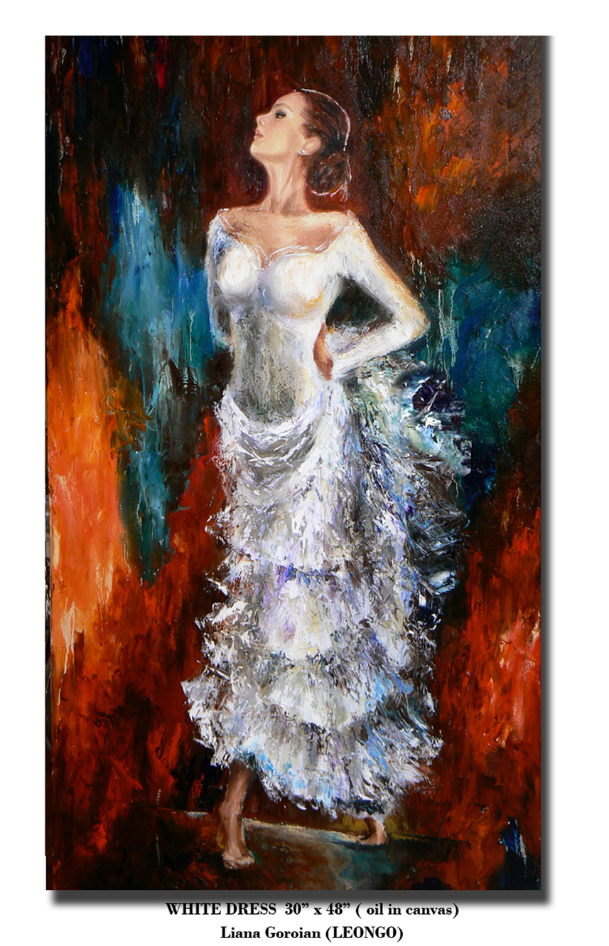 Liana Gor - White Dress Flamenco - 48x30 - Oil on Canvas